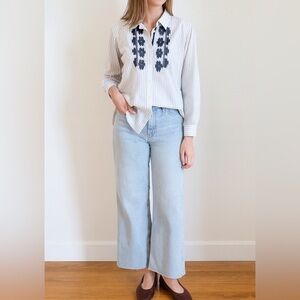 Chaps Blue White Striped Southwestern Embroidered Stitch Button Shirt 1X L XL